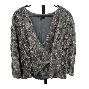 Marina Eveningwear Gray 3D Floral Lace Jacket 3/4 Sleeves Button Closure Sz XL